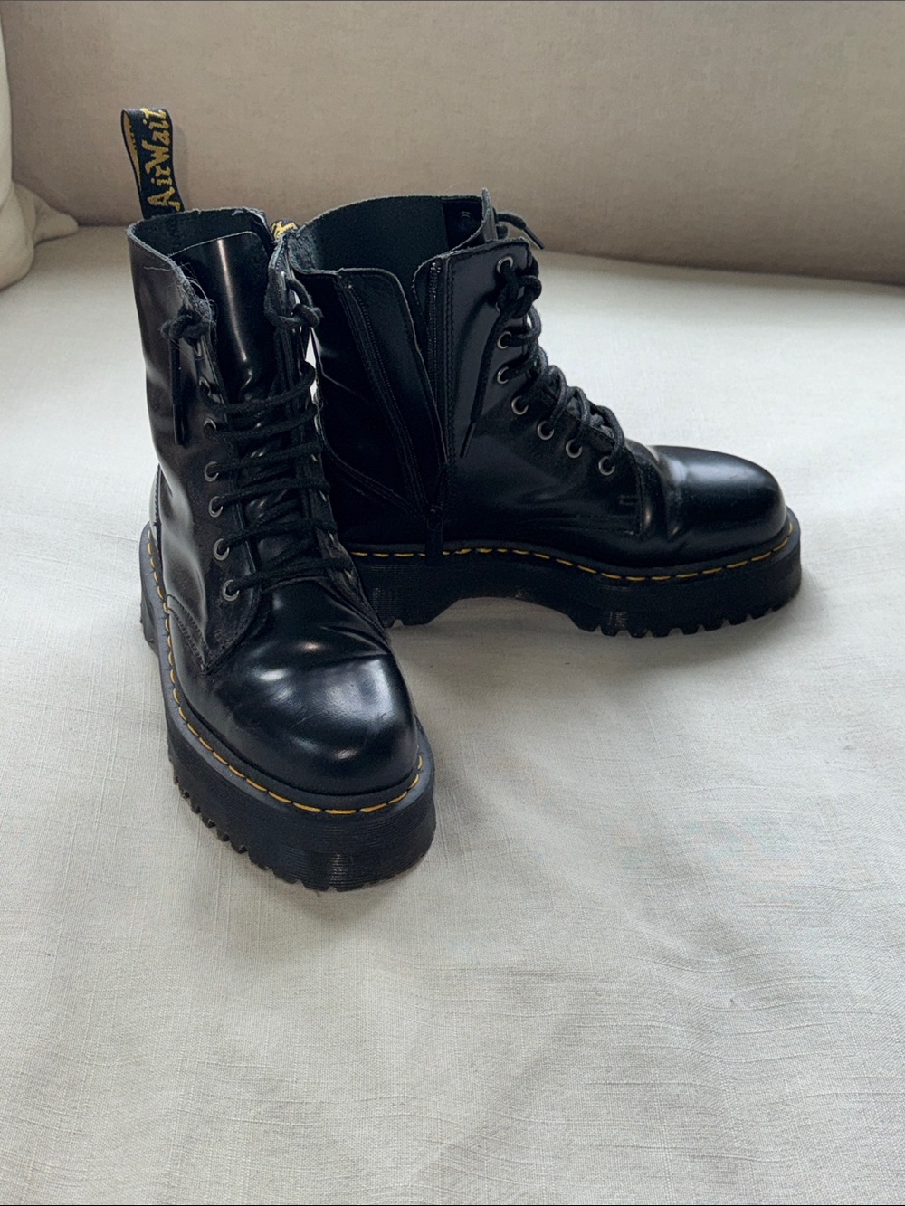 Dr. Martens Black Leather Platform Lace-Up Boots with Yellow Stitching